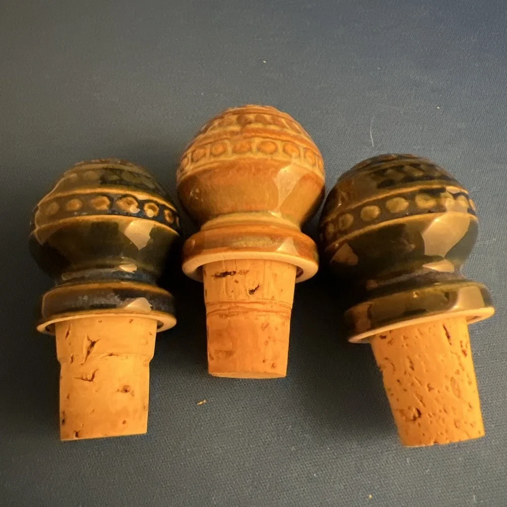 Set of 3 Vintage Ceramic/Porcelain Bottle Stoppers Blue And Sand Colors